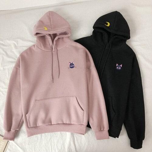 2021 Japanese Academy Style Luna Cat Embroidery Sweatshirt Hooded Fleece Pullover Coat