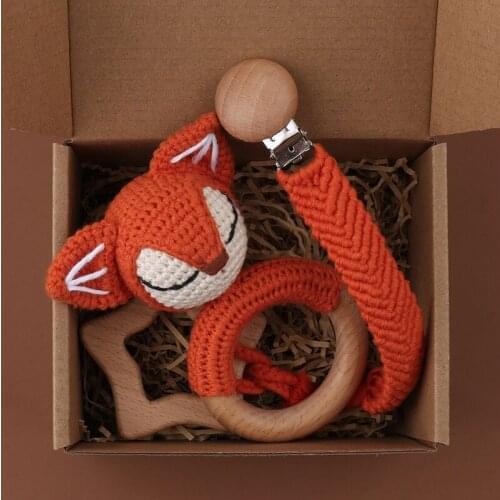 3Pcs Infant Shower Gift Baby Crochet Wooden Teether Ring Pacifier Chain Clip Toy