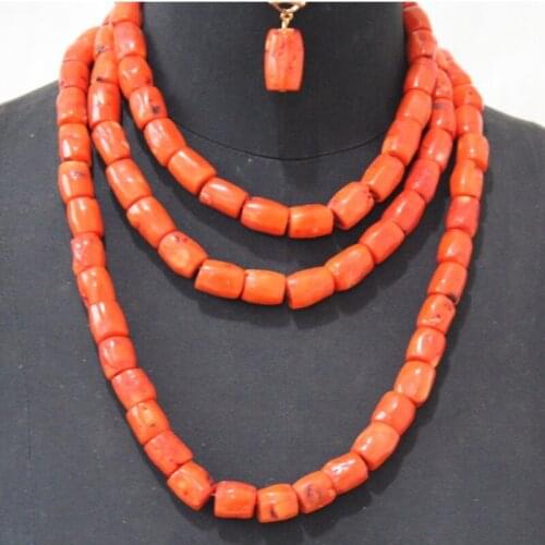 4UJewelry 12mm Coral African Beads Jewelry Set 3 Layers Simple Design Jewellery Set Wedding Bracelet Earrings Necklace Set Bride