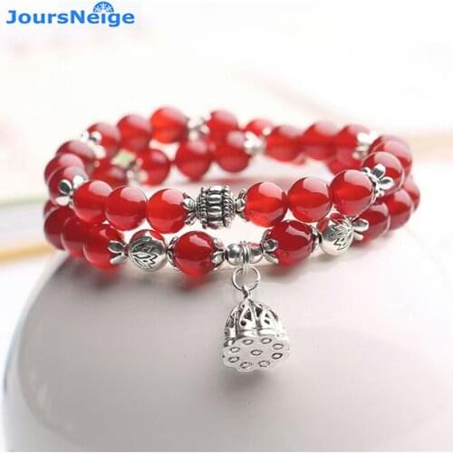 JoursNeige Red Crystal Bracelets Beads 8mm Lucky Tibetan Silver Lotus Pendant Lucky for Women Girl Crystal Bracelet Jewelry