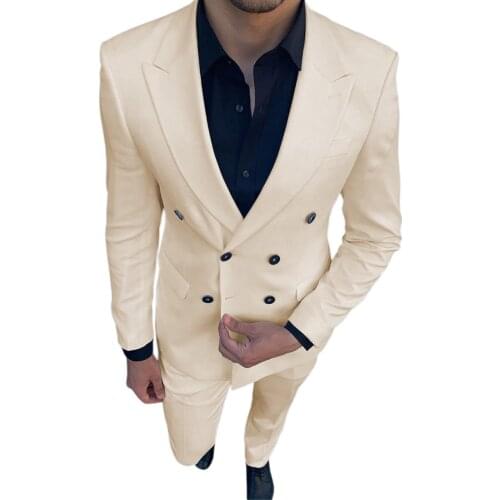 Black/Beige/Grey/White Mens Suits 2 piece Double Breasted Notch Lapel Wedding Groomman Tuxedos Costume Homme(Blazer+Vest+Pant)