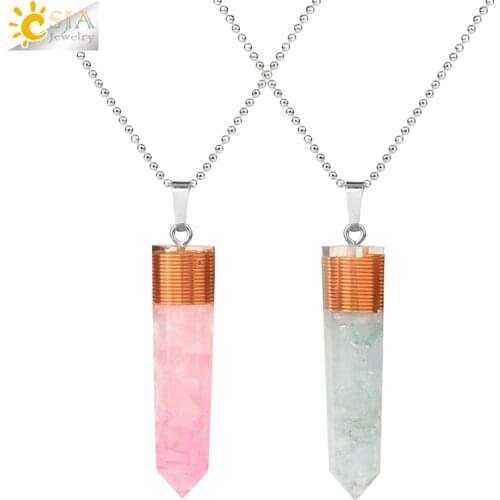 CSJA Hexagonal Column Pendant Natural Chips Stone Copper Wire Resin Poured Geometry Pendants Energy Necklaces for Women Men G614