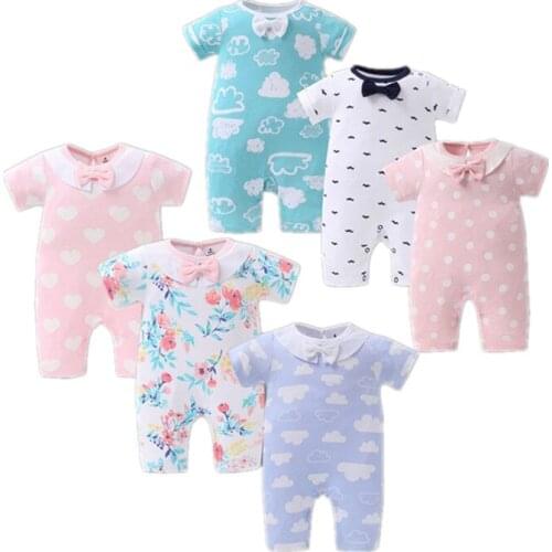 2017 summer Baby girls pink romper one-pieces jumpsuit baby boys clothes Cotton short sleeve bodysuit bot cravat printed outwear