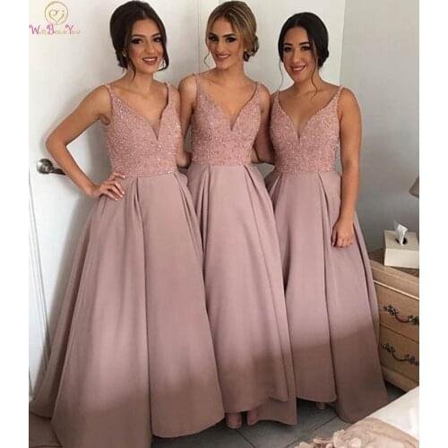 Elegant Pink Bridesmaid Dresses 2019 New A Line Floor Length Long Satin Wedding Party V-Neck Sleeveless Bridesmaid Prom Gowns