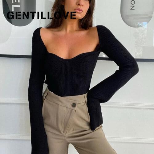 Gentillove Women Slim-Fit Tight Pullover Tops Knitted Long Sleeve Solid Sweater Screw Thread Top Heart-Neck Elegant Casual
