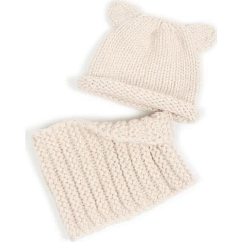 Cashmere hand-woven padded baby ear cap child thick stick knit wool hat collar set