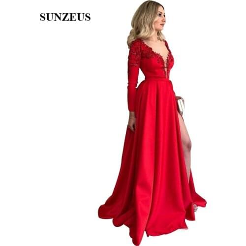 Long Sleeves Red Prom Dresses Beaded Appliques V-neck Sexy Party Gowns Split Side Formal Women Dress 2019 New