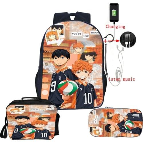 Boys Girls Haikyuu!! Backpack 3pcs Set Kids Cartoon Anime School Bags Students USB Knapsack with Lunch Bag Pencil Case Mochila