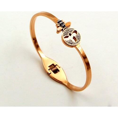 Fashion Stainless Steel Better Crystal Hollow Bee Insect Spring Bangle Bracelet Rose Gold Color Female Woman Party Gift