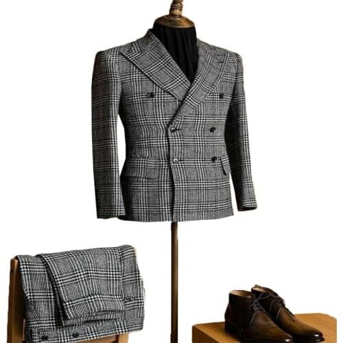 Newest 2 Pieces Houndstooth Men Suits Formal Custom Made Man Suits Modern Lapel Double Breasted Business Coat+Pant