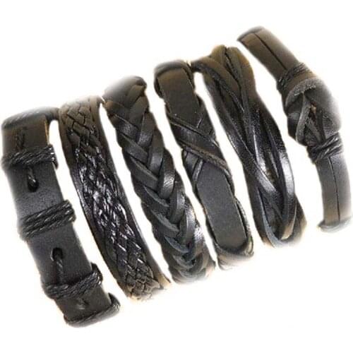 Fashion Charms Multiple Layers Leather Bracelet Men Vintage Classic Rope Chain Wrap Arm Bracelet Set Male Jewelry