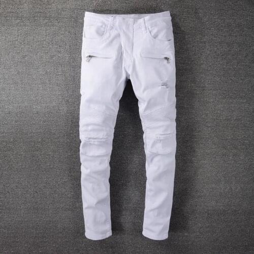 Newly Designer Fashion Men Jeans White Slim Fit Elastic Spliced Punk Ripped Jeans For Men Streetwear Hip Hop Denim Biker Pants