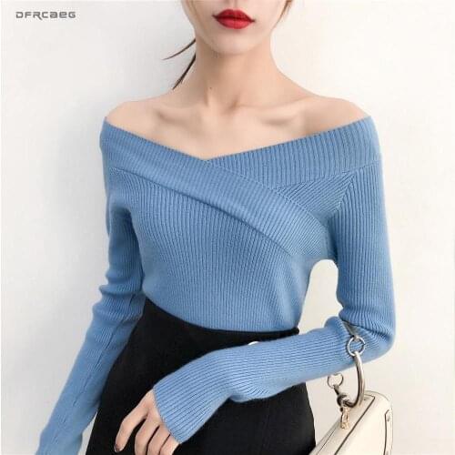 New Arrivals Sexy The Off Shoulder Women Knitted Pullovers Sweaters 2019 Autumn Winter Long Sleeve Ladies Knitwear Tops Female