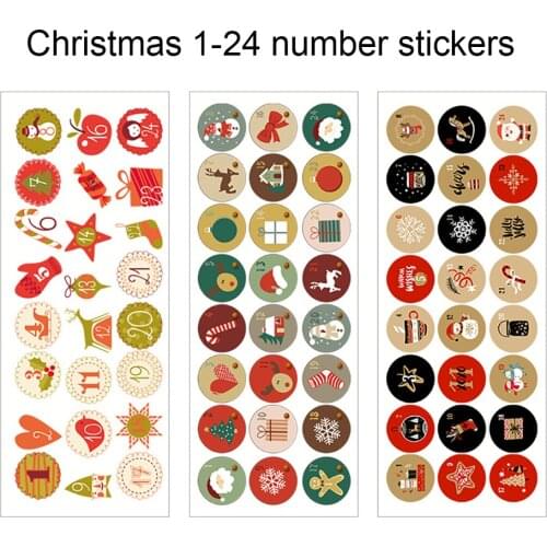Christmas 24 Number Sticker Candy Bag Cake Box Kraft Paper Self-Adhesive Label Party Gift Packaging Sealing Handmade Sticker