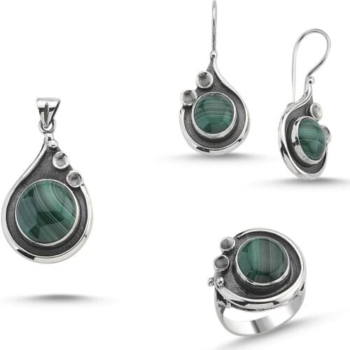 Silverlina Silver Malachite Stone Handwork Set