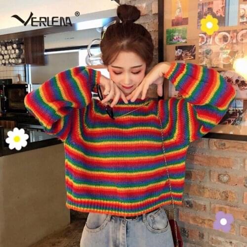Verlena Long Latern Raglan Sleeve Sweater Women O-Neck Block Color Colorful Stripe Pullover Jumper Korean Thin Fluffy Tops 2019