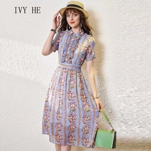 IVY HE High Quality Summer Dress Woman Clothing Vintage Elegant Ear Print Midi Long Dress Traf Robe ZAful Bohemia Party Dresses