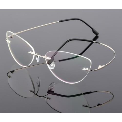 Female Rimless Titanium alloy Glasses Frame, Women Ultralight Cat Eye Eyeglasses Frames, Prescription Presbyopia Myopia Optical