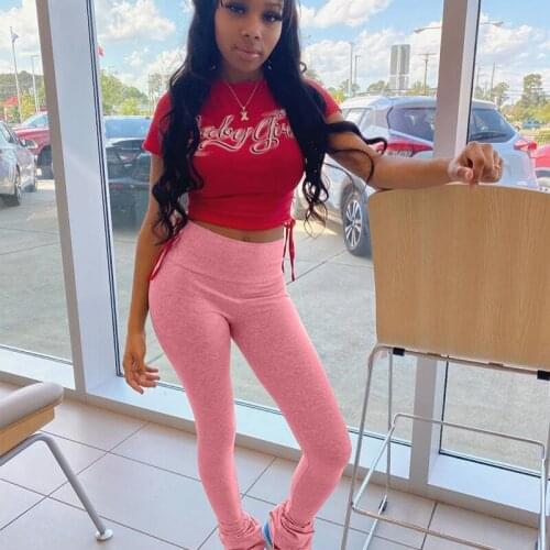 Women Pleated Sweatpants Stacked Leggings Casual Elastic High Waist Flare Ruched Trousers Split Hem Bell Bottom Party Pants