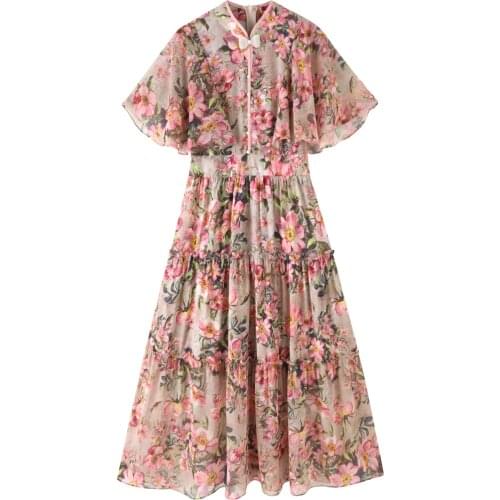 Fashion Women Dress Summer Chinese Collar Pearls Bow Flare Sleeve Floral Print Layers Ruffles Runway Chiffon Dresses Female