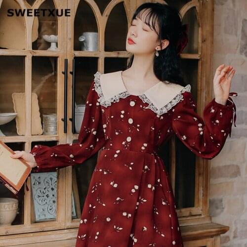 SWEETXUE Long Sleeve Printed French Vintage Dress Spring New Peter Pan Collar Hot Sale 2021 Women