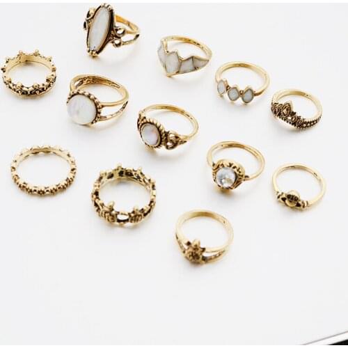 12 Pieces Set Combination Rings For Women Vintage Hollow Engraved Exaggerated Inlaid Rhinestones Crown Turtle Knuckle Rings