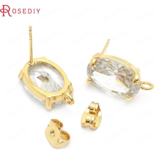 37854)6PCS 10x14MM 24K Gold Color Brass and Zircon Oval Shape Stud Earrings Pins Jewelry Making Supplies Diy Accessories