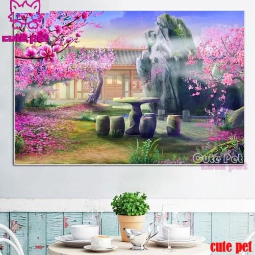 5D Diamond Painting Classical pink peach blossom landscape DIY Crystal Round square Drill Mosaic Character Gift Embroidery Decor