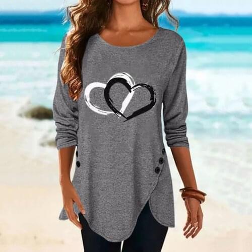 40#Plus Size Blouses Women Long Sleeve 3D Heart Printed Button O-Neck Tops Tee Spring Harajuku Pullover Blouse рубашка женская
