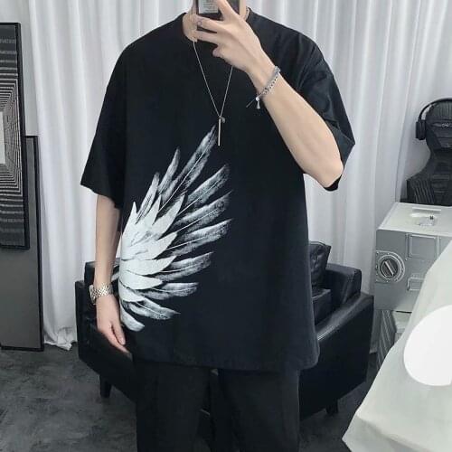 Oversized Cotton Mens T Shirt Black Print High Street Short Sleeve O Neck Korean Style Retro Harjuku Tops Vintage Male Clothing