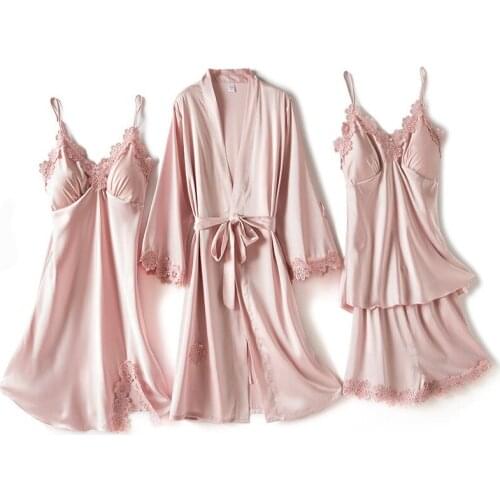 5PCS Silky Satin Pajamas Sets Sexy Womens Lace Sleepwear Sleep Suit Spring Pijamas With Chest Pads Nightwear Home Wear Nightgown