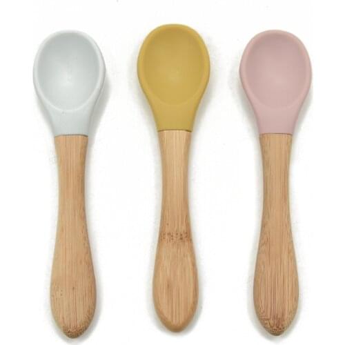 2PCS Baby Spoons BPA Free Soft Silicone Tip Eco-friendly Bamboo Baby Feeding Spoon Scoop Easy Grip Handle Toddlers Infant Gifts