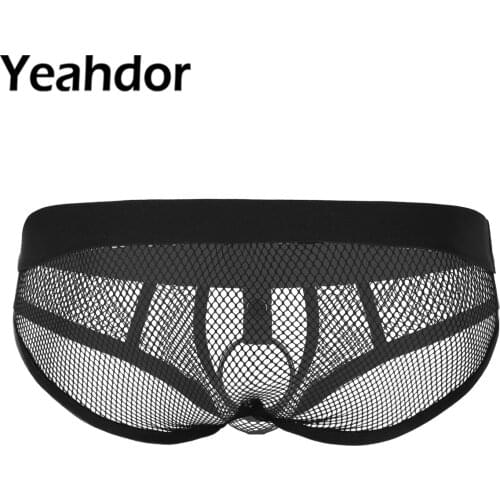 #M-XXL Mens See Through Fishnet Lingerie Low Rise Elastic Waist Open Bulge Pouch Bikini Briefs Underwear with Metal O-ring
