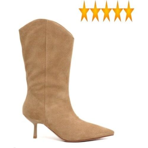 Fashion Cowhide Thin Women Boots Genuine Leather High Heels Pointed Toe Warm Slip-On Non-slip Waterproof Ankle Boot