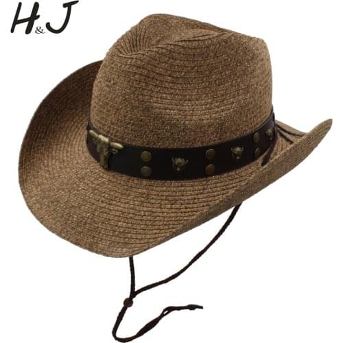 2019 Men Western Sun Hat With Punk Leather Bull Band For Gentleman Beach Cowboy Sombrero Hat Size 56-58CM A0106-XSJ