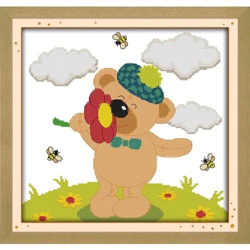 Little bear smelling flower cross stitch kit cartoon 14ct 11ct print canvas stitching embroidery DIY handmade needlework