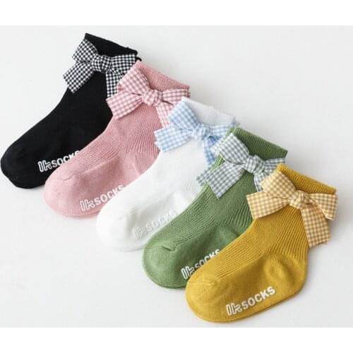 New Baby Girls Ankle Socks With Bows Soft Cotton Toddlers Short Sock Children Socks Anti Slip Infant Floor Sock Candy Color