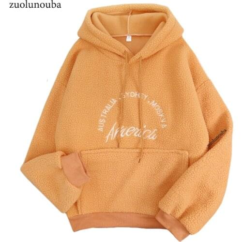 Zuolunouba New winter Casual Fleece coat Letter embroidery Pullover loose Hooded Orange Cashmere Hoodies women Sweatshirt Thick
