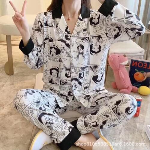 Autumn Pajamas Cardigan Ice Silk Suit Cute Cartoon Home Clothing Two-piece Home Soft Silk Bathrobe Home Wear Women Sleepwear Set