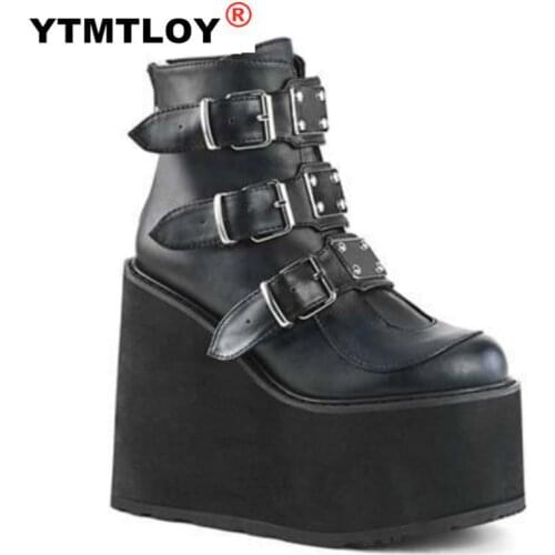 HOT High Heels PU Women Boots Botas Mujer Plus Size Winter Metal Buckle Ankel Boots Women Punk Female Platform Boots Wedges