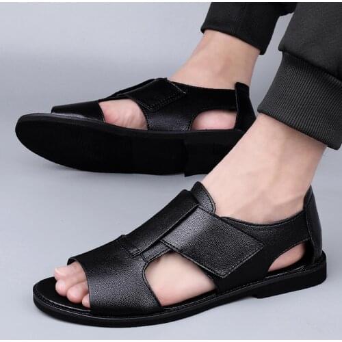 Summer Men Genuine Leather Sandals New Design Fashion Casual Black Slip on Sandals Leather Sandals Man Mens Flats