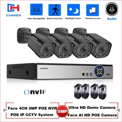 Chhsv CCTV Camera System 4CH POE NVR Full-HD 5MP Outdoor Waterproof Nightvision 12V POE Camera 4CH POE NVR Kit P2P H.265