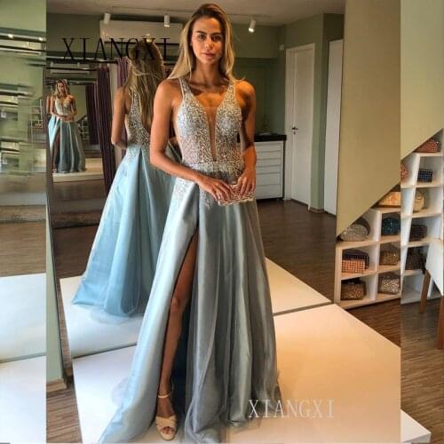 Evening Dresses Long A-Line Hand-Beading High Split Backless robe de soiree Evening Dress Formal Gowns Party Dress