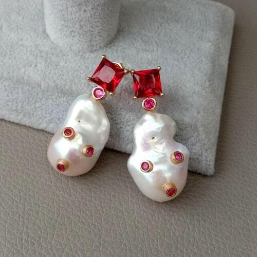YYGEM Cultured White Reborn Keshi Pearl Red Cubic Zirconia micro pave Rhinestone Stud Earrings wedding for women