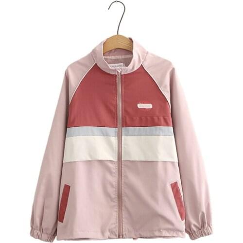 Letter Print Patchwork Zipper Women Jacket 2020 Autumn Winter Long Sleeve Mandarin Collar Casual Ladies Basic Outwears
