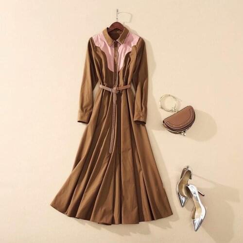 American European womens and clothing 2021 autumn new style Long sleeve lapels contrast color Fashion belted pleated dresses