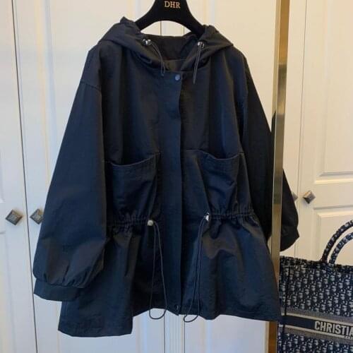 Black Coat Spring New 2021 Drawstring Ruffle Casual Sports Style Loose Hooded Windbreaker Female