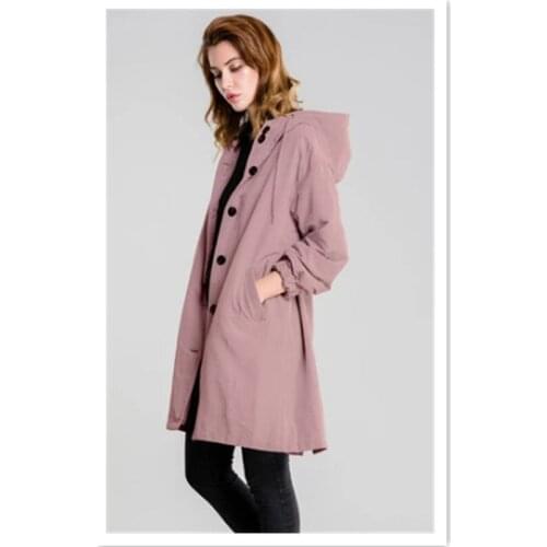 Nice Womens Loose Button Casual Windbreaker Jacket Hooded Waist Long Windbreaker Long Sleeve Windproof And Waterproof Jacket