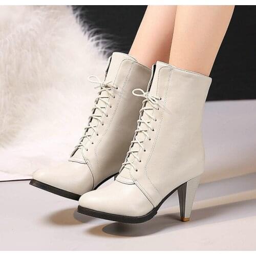 Spring Autumn Female New Mid Calf Boots Cross Tied Fashion Zipper Platform Womens Shoes Winter Warm Tapered Heel Short Boots