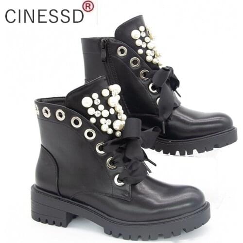 Women Short Boots 2021 Women Leather Ankle Boots Autumn Platform Motorcycle Boot for Women Comfortable Pearl Rivet Women Boots